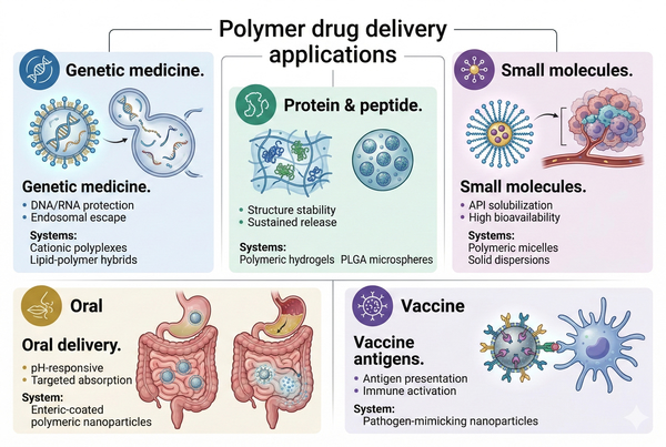 Polymer drug delivery system applications diagram.