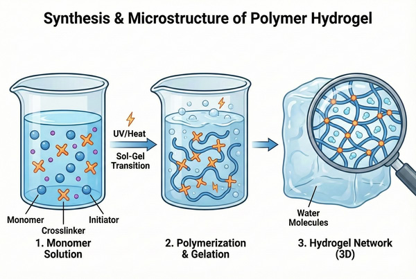 Diagram illustrating polymer hydrogel synthesis and microstructure
