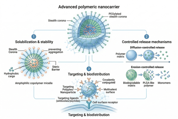 Polymeric nanocarrier drug delivery mechanisms diagram.