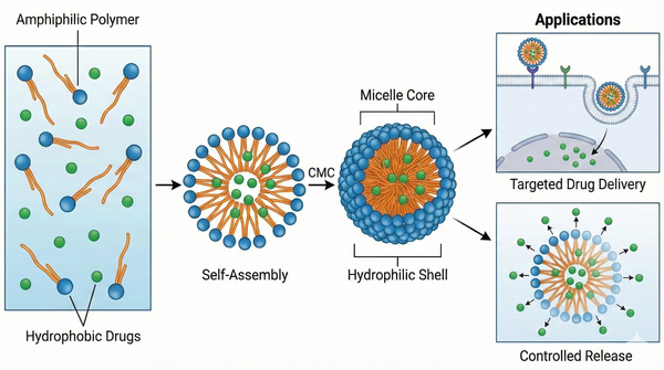 Self-assembly of amphiphilic polymers into drug-loaded micelles.
