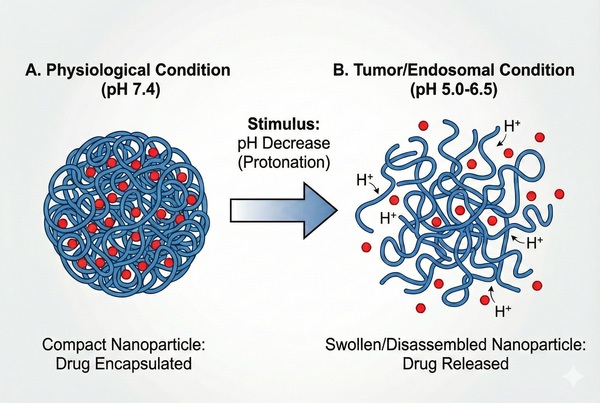 pH-responsive polymer nanoparticle drug release mechanism diagram.