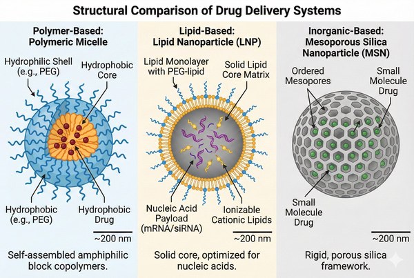 Polymer micelle, lipid nanoparticle, and silica nanoparticle structures.
