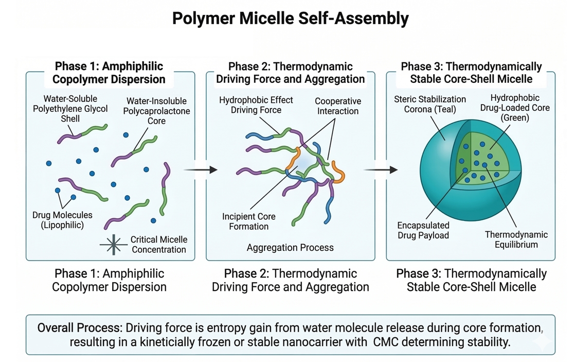 Polymer micelle self-assembly process.