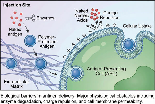 Biological barriers and polymer protection mechanism diagram.