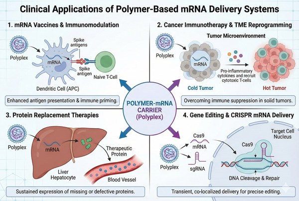 Clinical applications of polymer-based mRNA delivery systems.