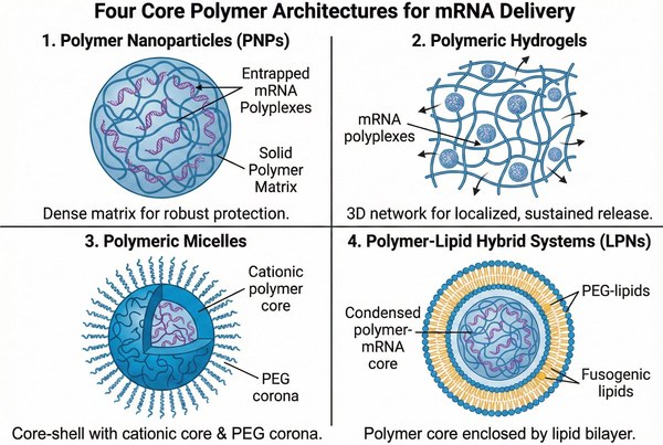 Four core polymer architectures for mRNA delivery systems.