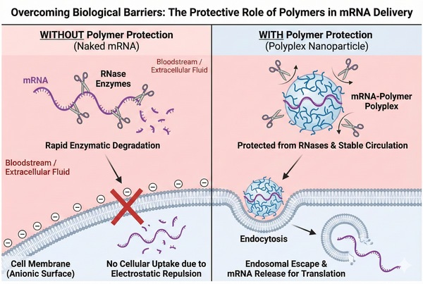 Naked mRNA degradation versus polymer-protected cellular uptake.