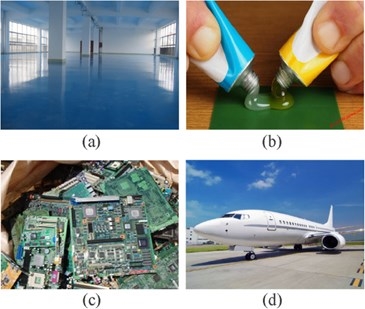 Photos of epoxy resins used in (a) paints and coatings, (b)  adhesives, (c) electronic materials, and (d) aerospace industry.