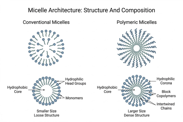Diagram comparing conventional and polymeric micelle structures.