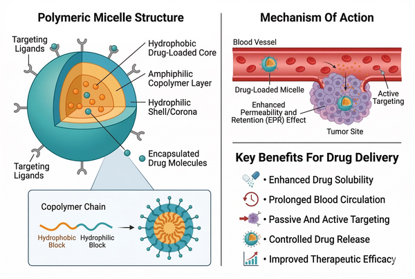 Polymeric micelle structure and drug delivery mechanism.
