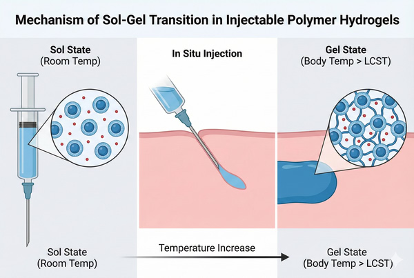 Thermosensitive sol-gel transition mechanism of injectable hydrogels.