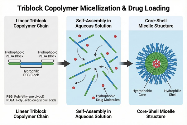 Triblock copolymer self-assembly into drug-loaded micelles.