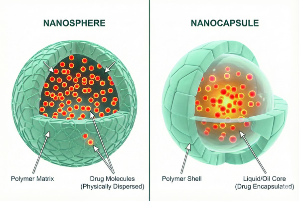 3D comparison of polymer nanosphere and nanocapsule structures.