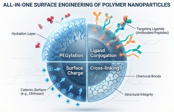 Multifunctional surface engineering strategies for polymer nanoparticles.