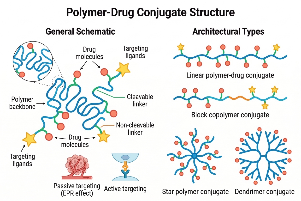 Polymer-drug conjugate structures and architectural types.