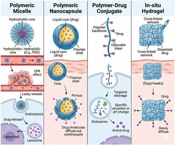 Structural comparison of polymer drug delivery systems.