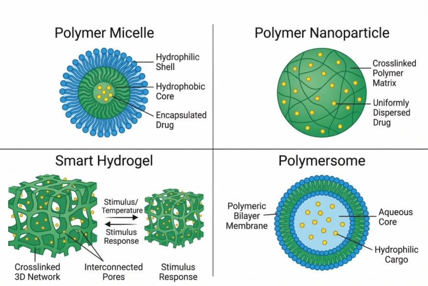Four common stimuli-responsive polymer nanostructures diagram.