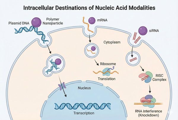 Intracellular destinations of various nucleic acid modalities.