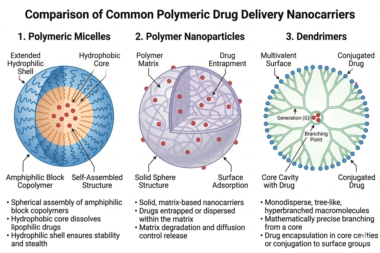 Diagram comparing polymer micelles, nanoparticles, and dendrimers.