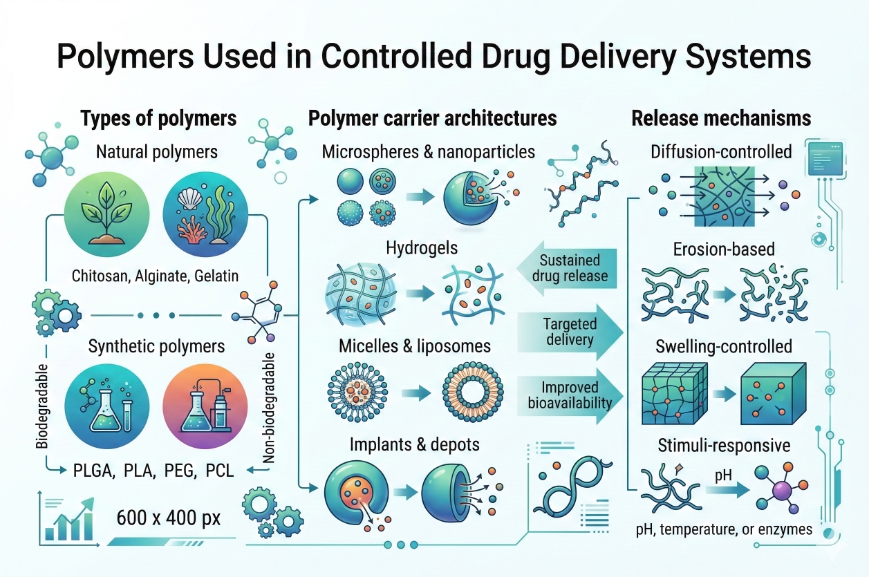 Types of polymers for controlled drug delivery.
