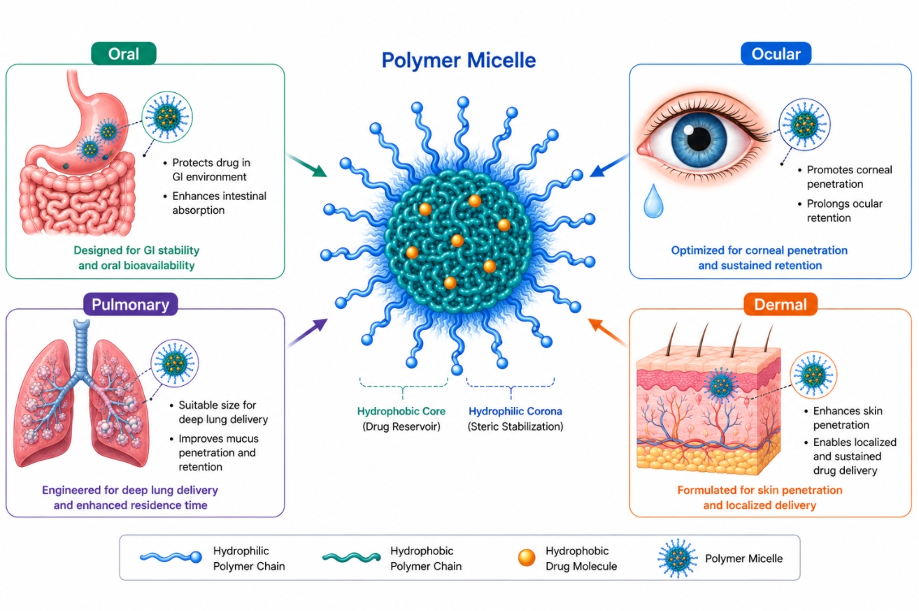 Comparing Polymer Micelles for Oral, Ocular, Pulmonary, and Dermal Delivery