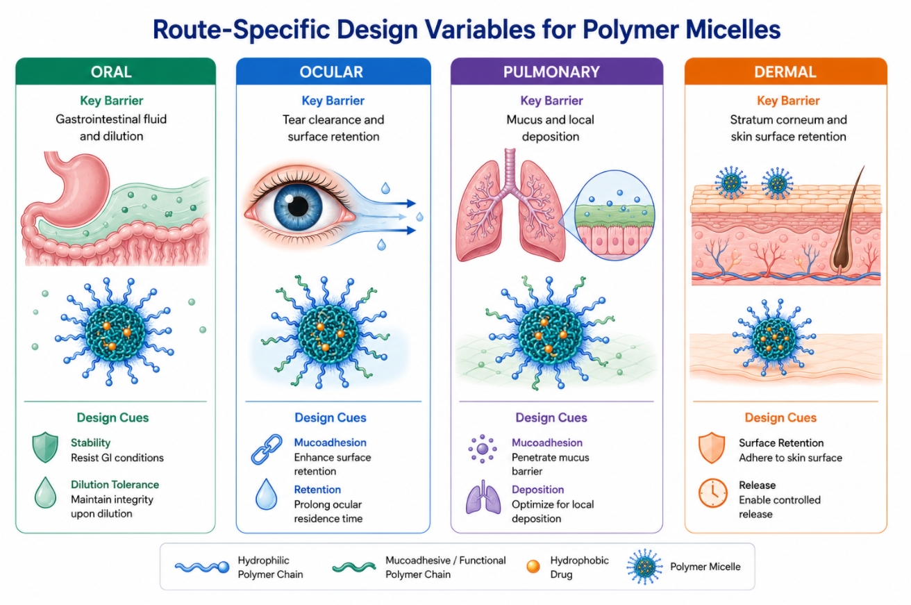 route specific polymer micelle design