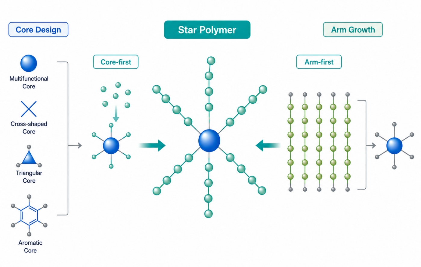 Star polymer synthesis with multi-arm architecture and core design